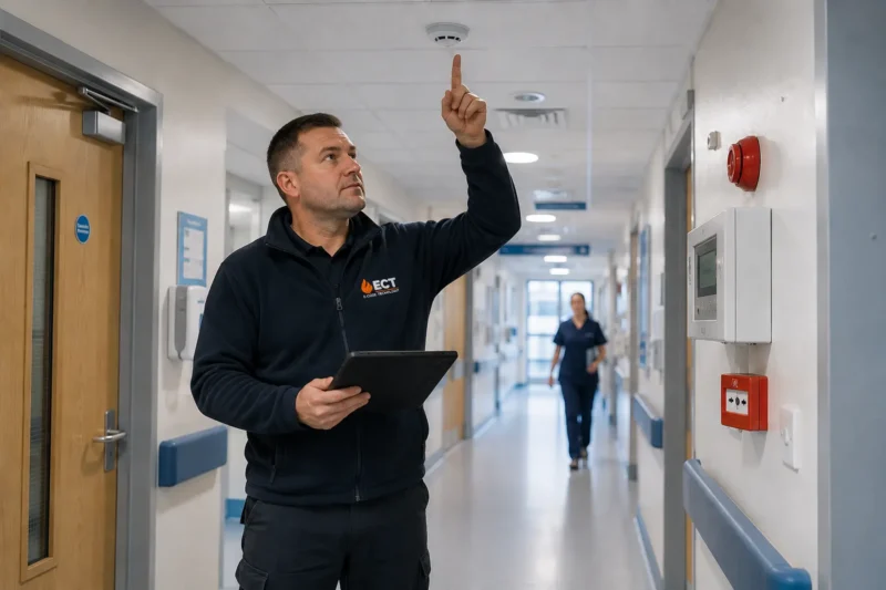 ECT engineer inspecting life-safety equipment in an NHS hospital corridor