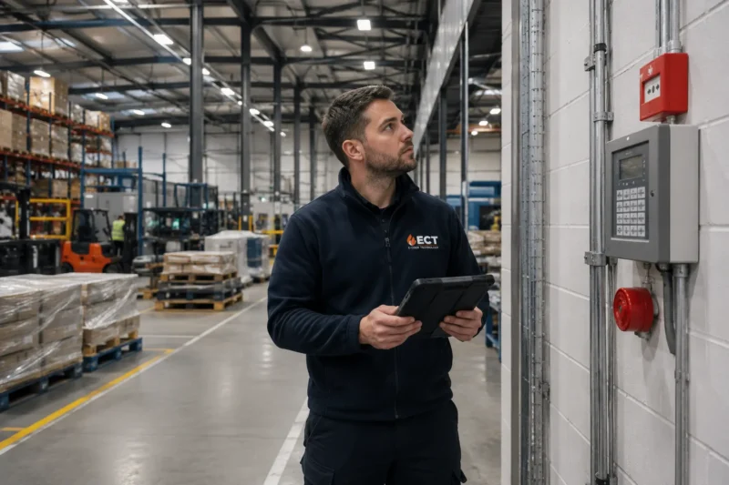 ECT engineer inspecting fire and security systems inside a UK industrial warehouse