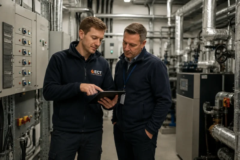 ECT engineer reviewing building systems with a facilities manager in a UK plant room