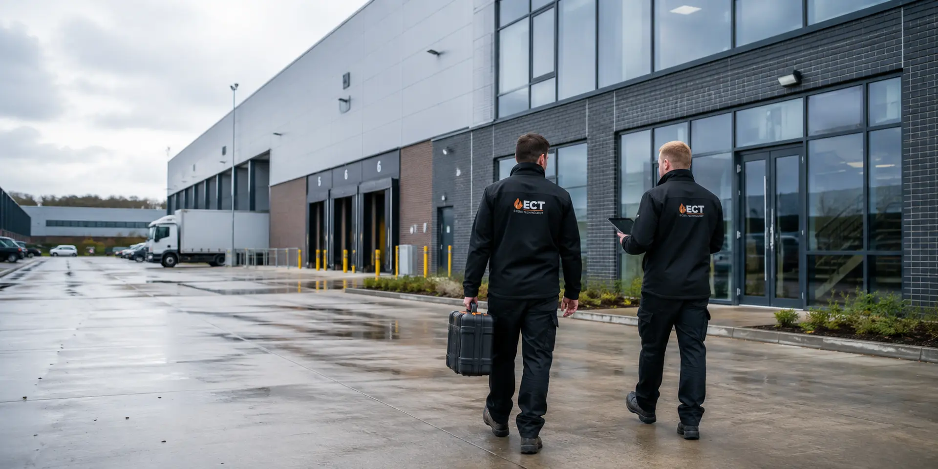 ECT fire and security engineers arriving at commercial premises on a Cannock business park