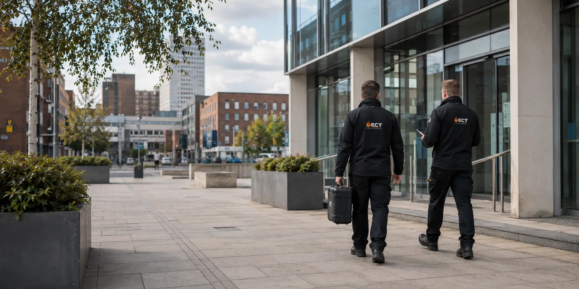 ECT fire and security engineers walking towards commercial premises in Coventry