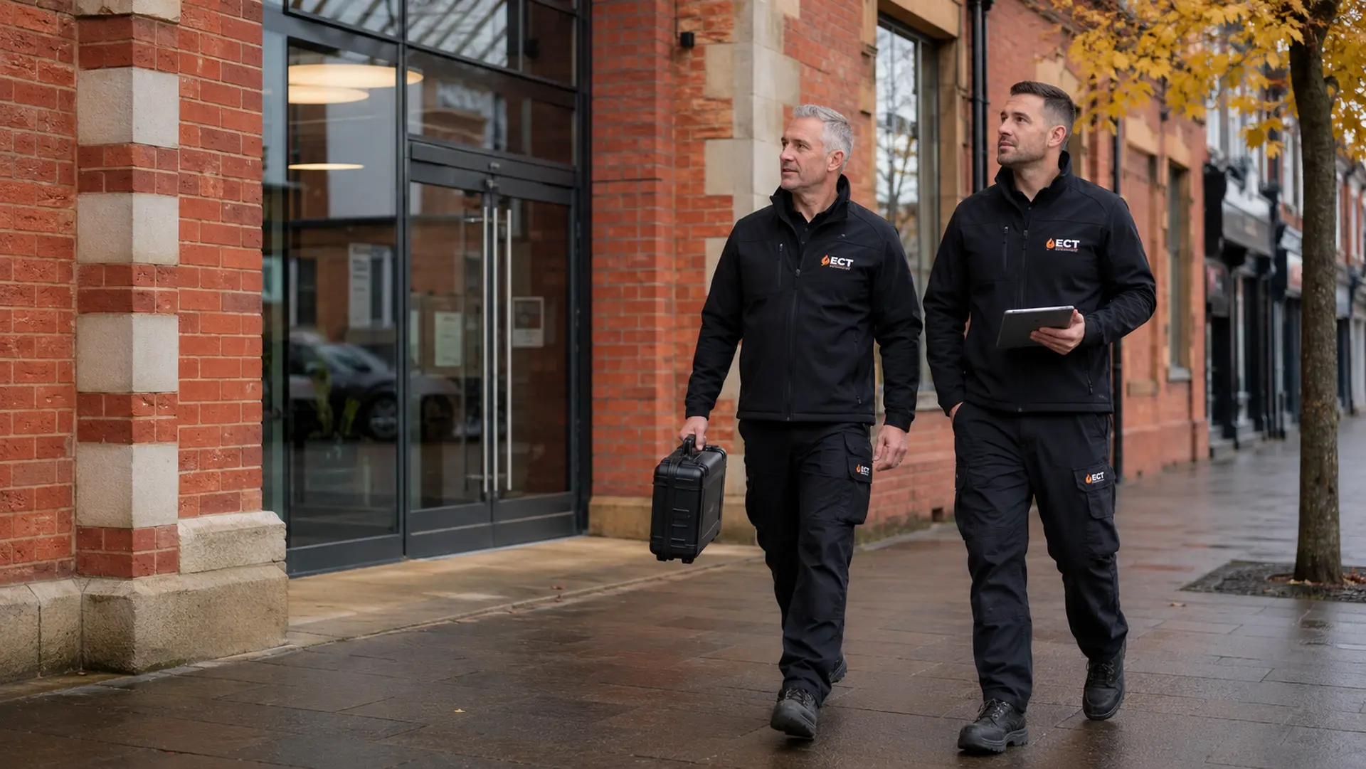 ECT fire and security engineers arriving at commercial premises in Droitwich Spa