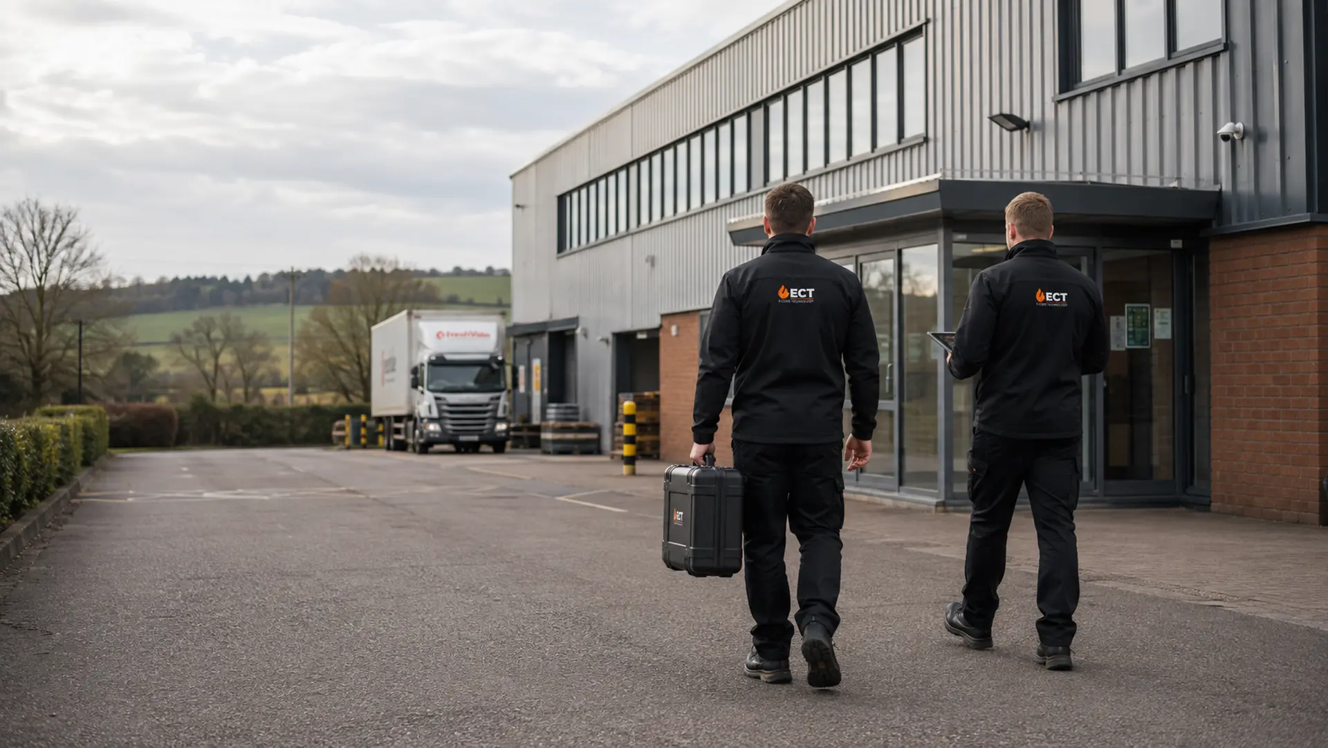 ECT fire and security engineers arriving at commercial and light-industrial premises in Evesham