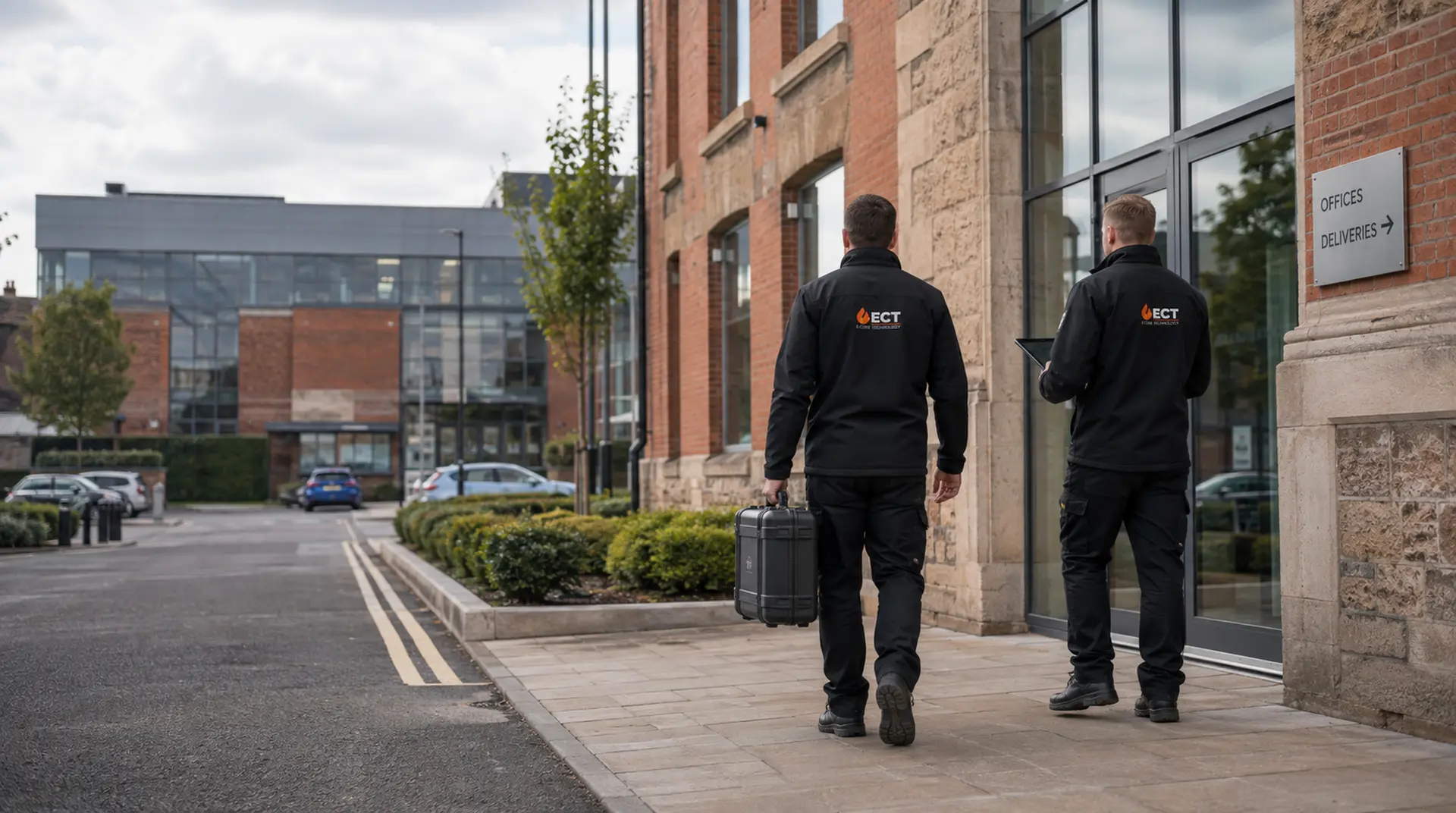 ECT fire and security engineers approaching commercial premises in Gloucester