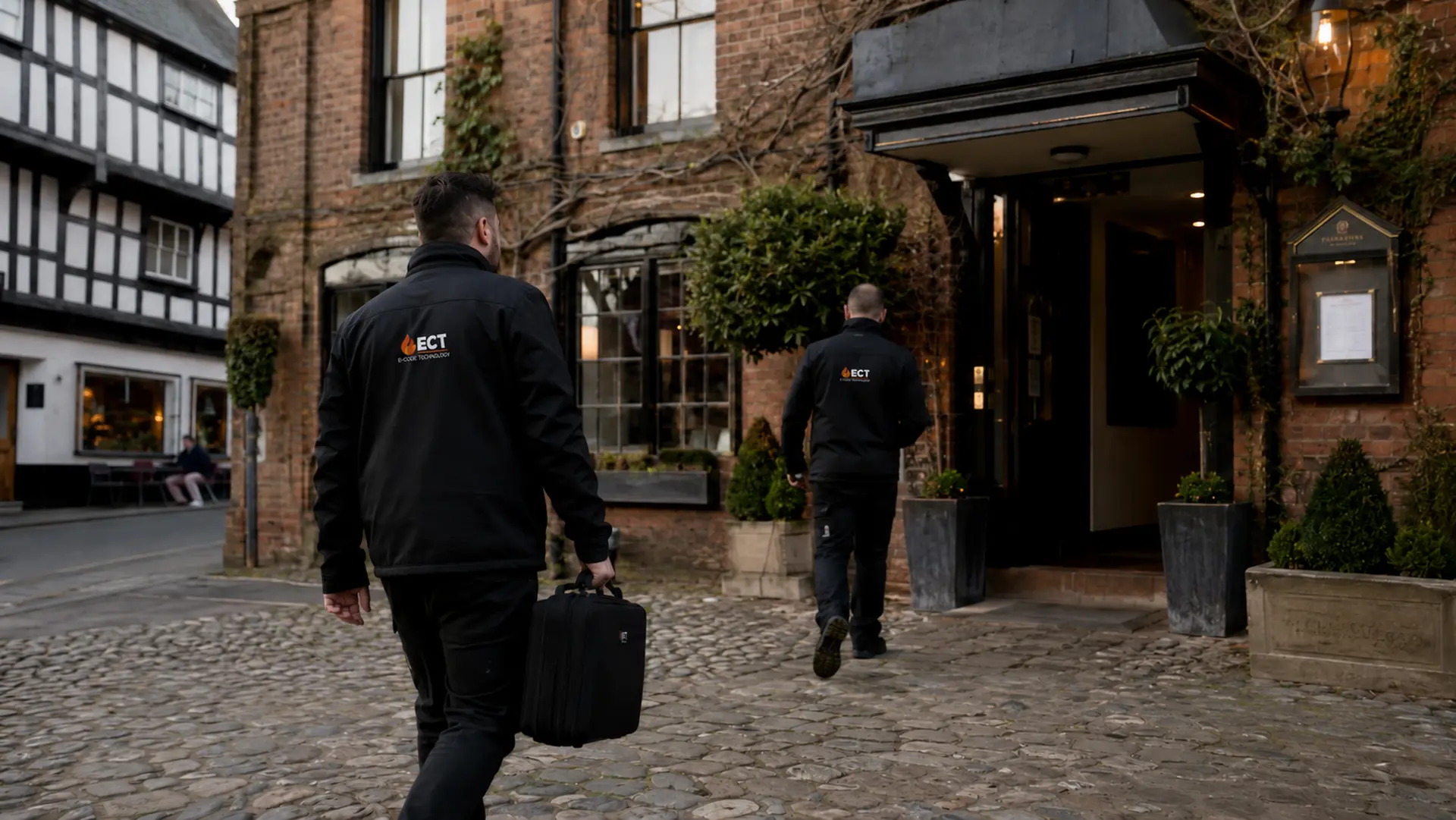 ECT fire and security engineers approaching occupied commercial premises in Ludlow