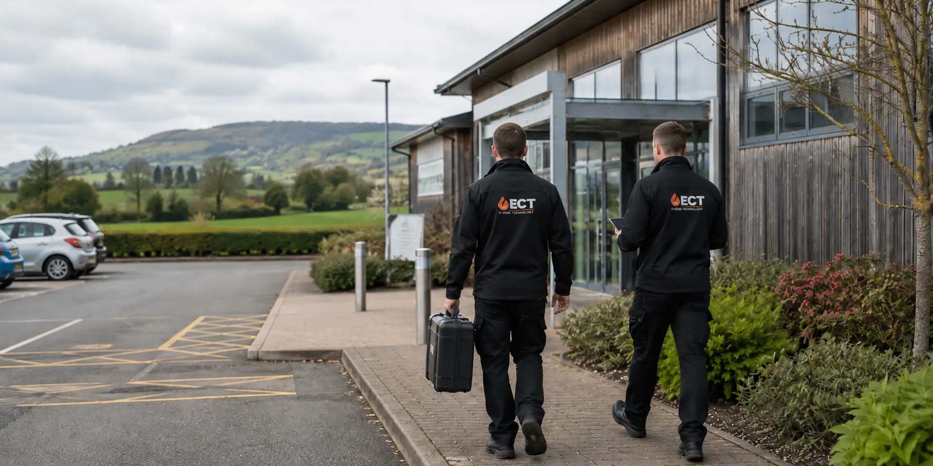 ECT fire and security engineers approaching commercial premises in a rural Newent setting