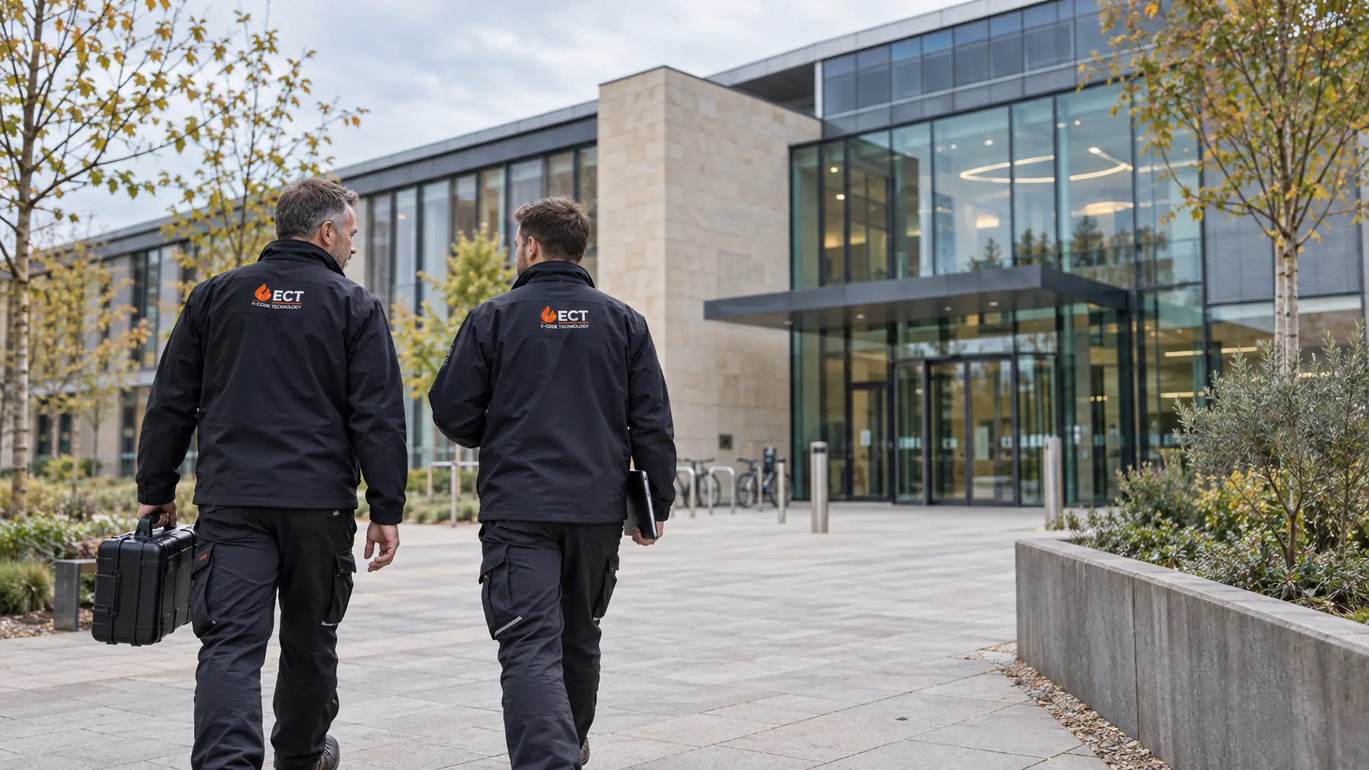 ECT fire and security engineers approaching a modern commercial campus in Oxford