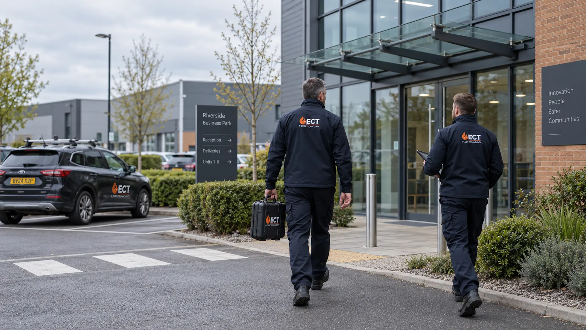 ECT fire and security engineers arriving at a modern business park in Redditch