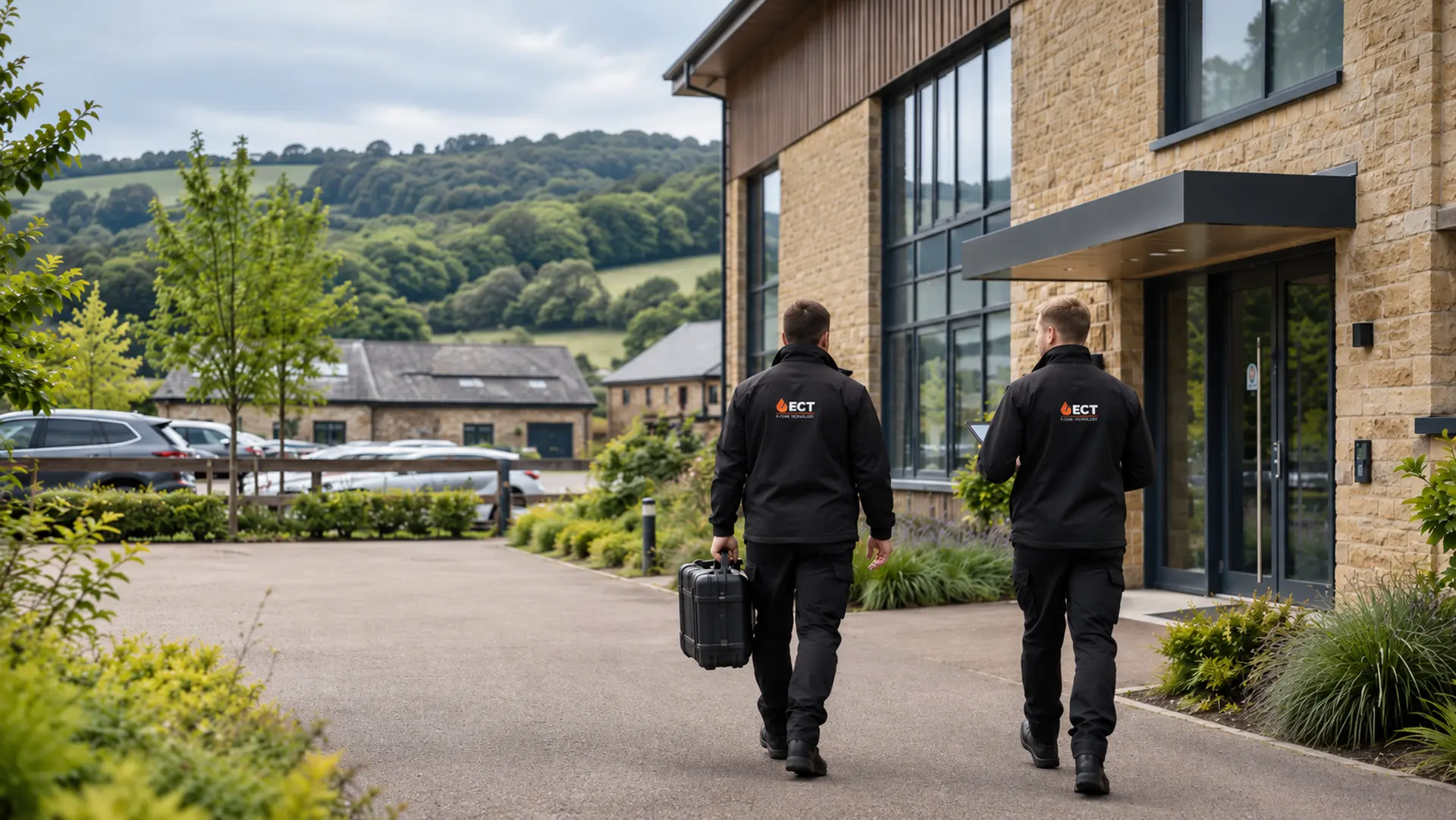 ECT fire and security engineers approaching commercial premises in Stroud with the surrounding hills beyond