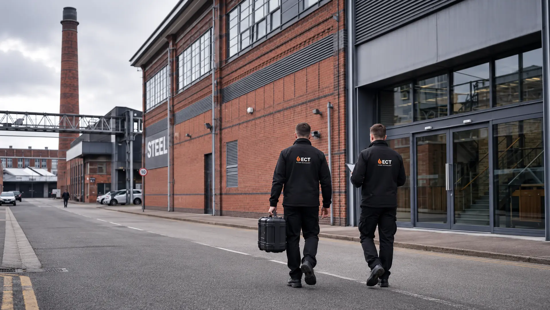 ECT fire and security engineers approaching modern industrial premises in West Bromwich