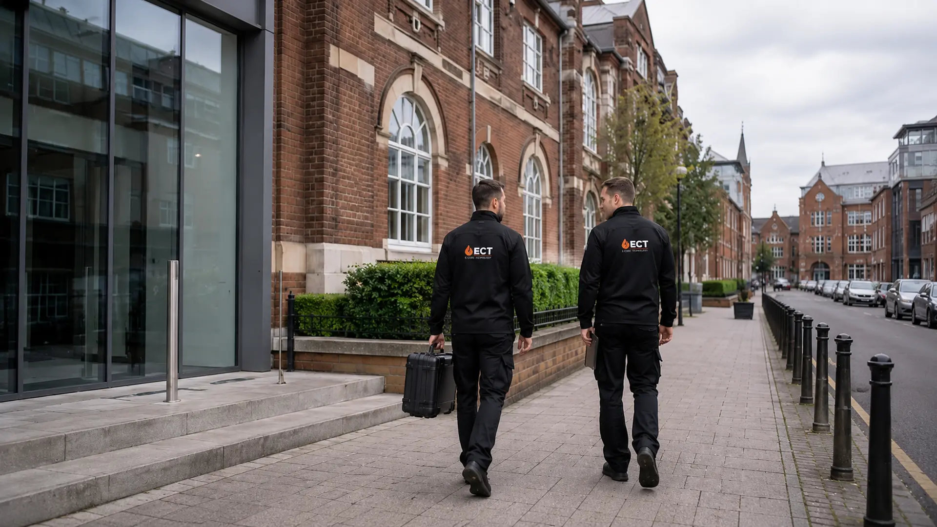 ECT fire and security engineers approaching a commercial building in Worcester