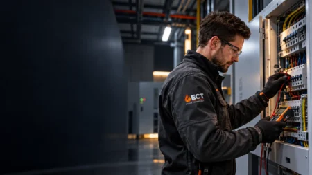 ECT engineer carrying out electrical testing and inspection on a commercial distribution board