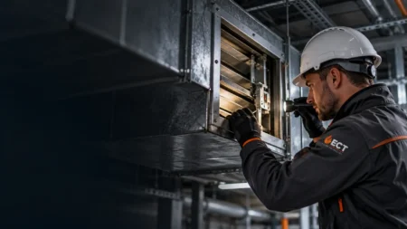 ECT engineer inspecting a fire damper within commercial ventilation ductwork