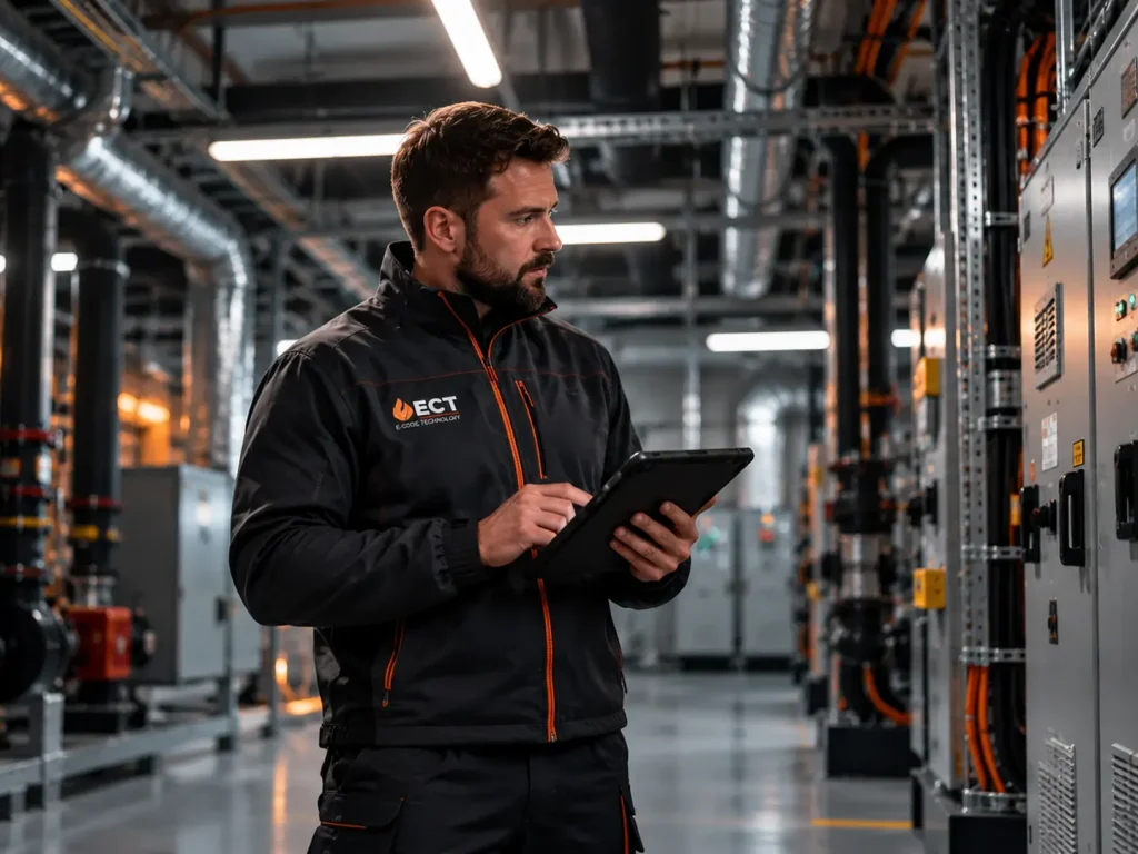 ECT engineer inspecting building systems during planned commercial maintenance