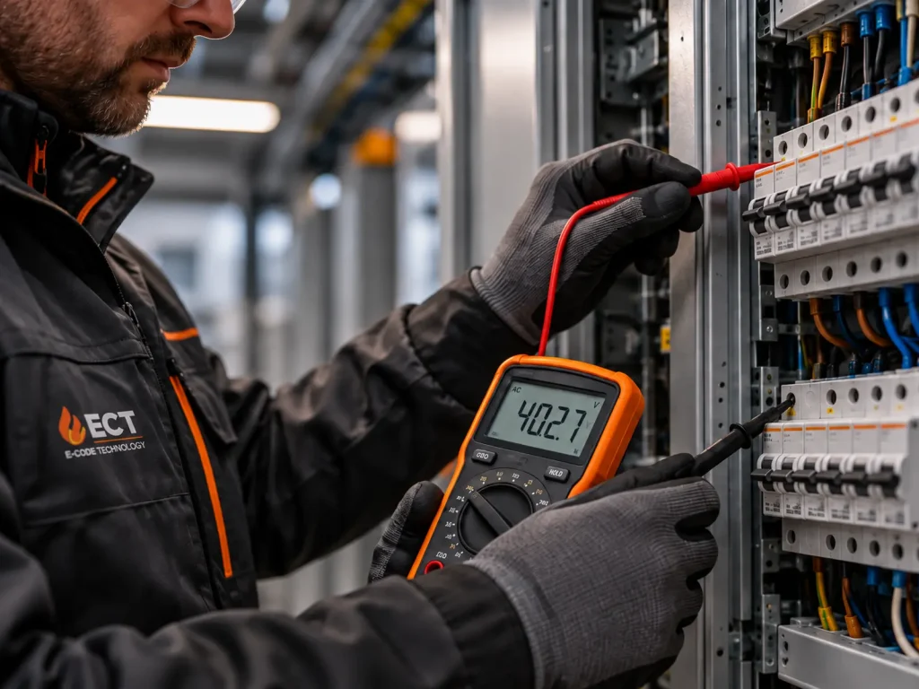 Electrical engineer using professional test equipment to inspect a commercial electrical installation