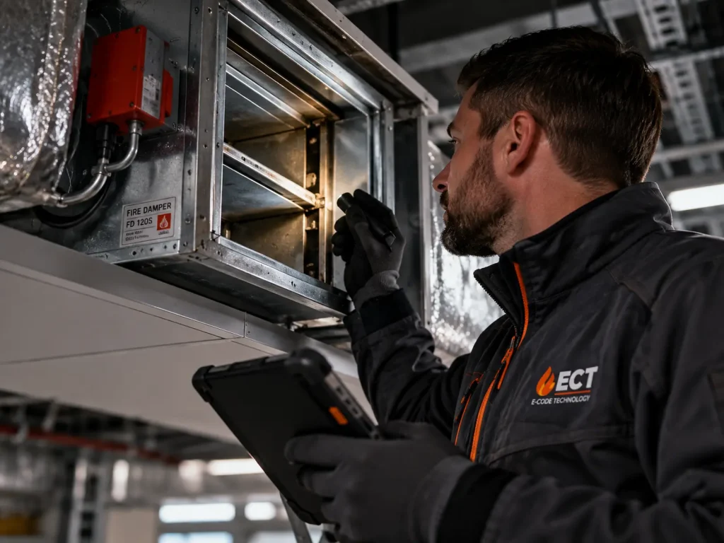 Engineer inspecting and testing a fire damper through a commercial ductwork access point