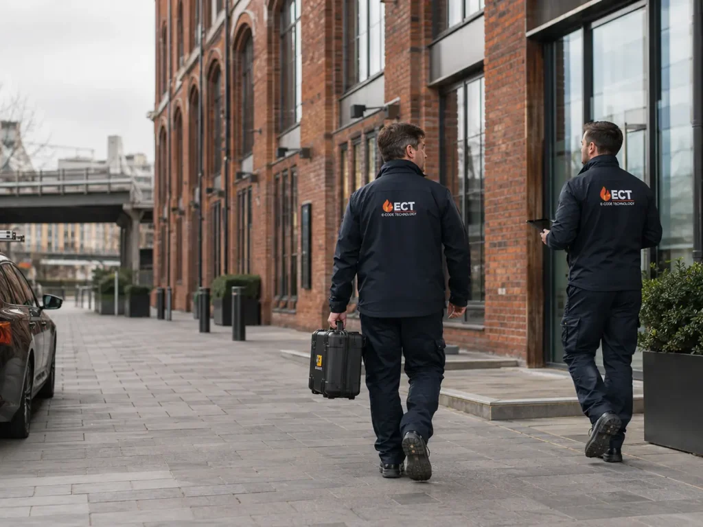 ECT fire and security engineers arriving at modern commercial premises in Bristol