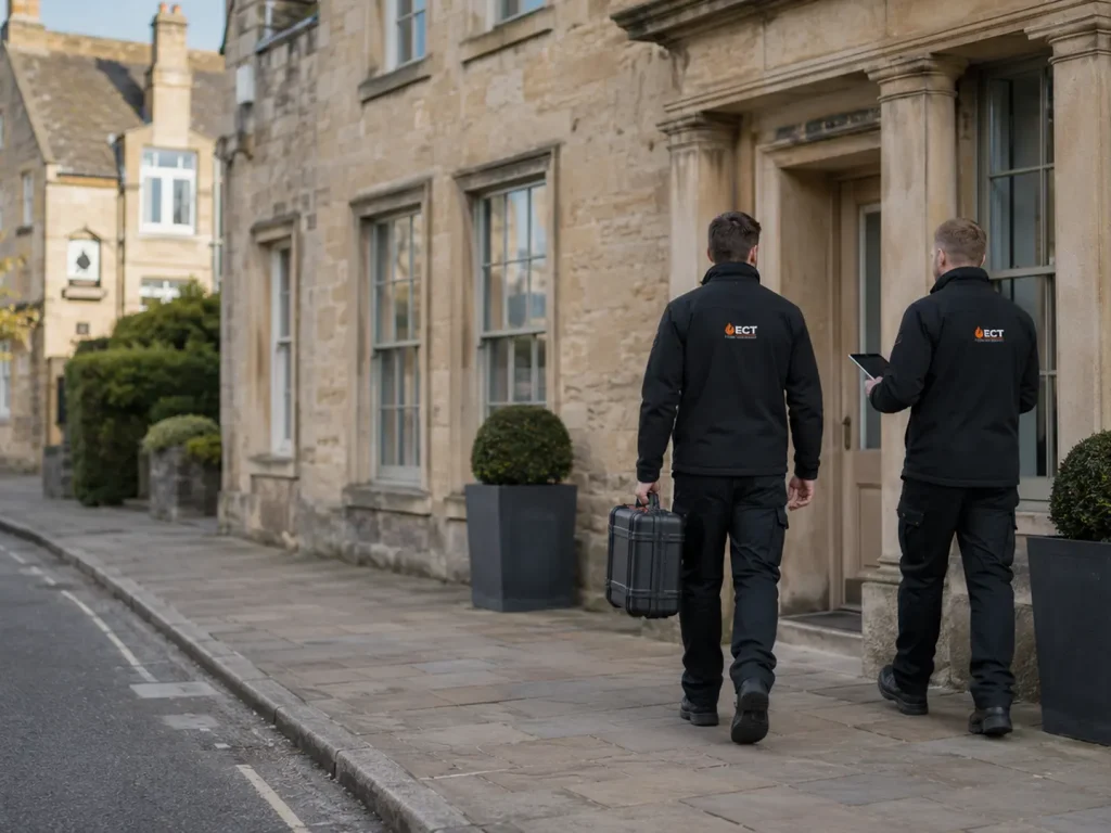 ECT fire and security engineers arriving at Cotswold stone commercial premises in Cirencester