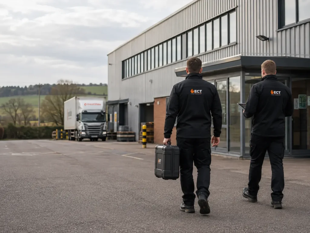 ECT fire and security engineers arriving at commercial and light-industrial premises in Evesham