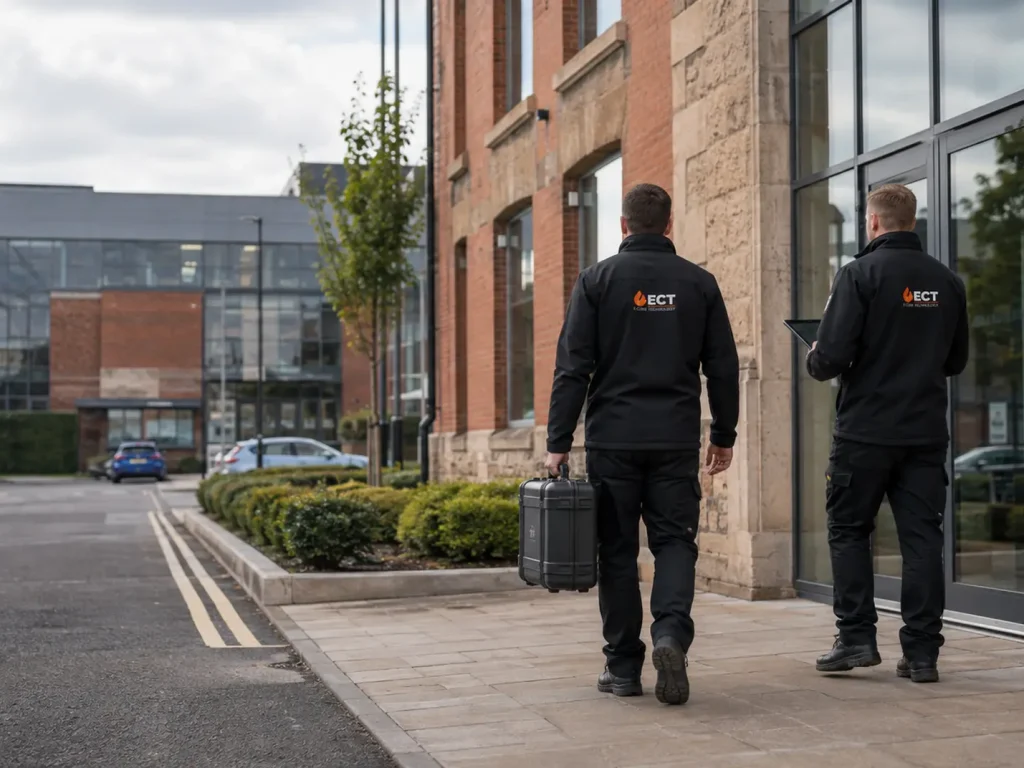 ECT fire and security engineers approaching commercial premises in Gloucester