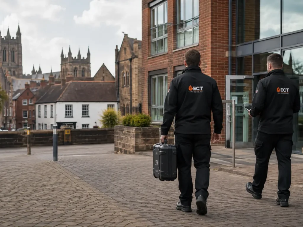ECT fire and security engineers arriving at commercial premises in Hereford