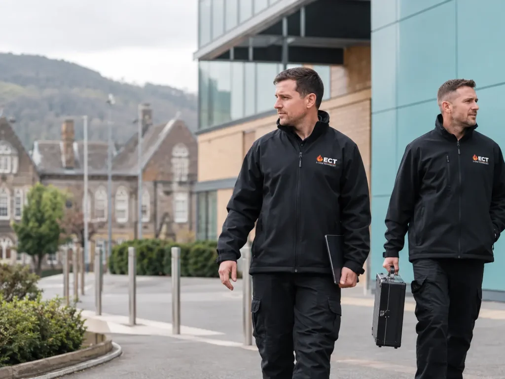 ECT fire and security engineers arriving at commercial premises in Malvern with a landscaped setting