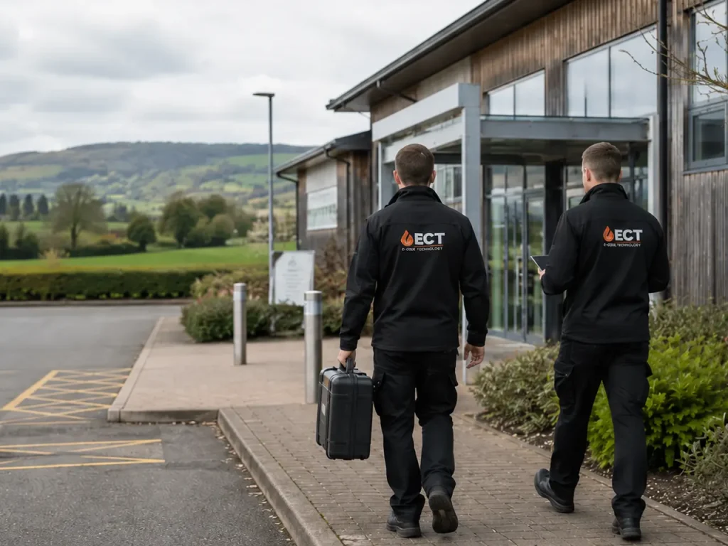 ECT fire and security engineers approaching commercial premises in a rural Newent setting