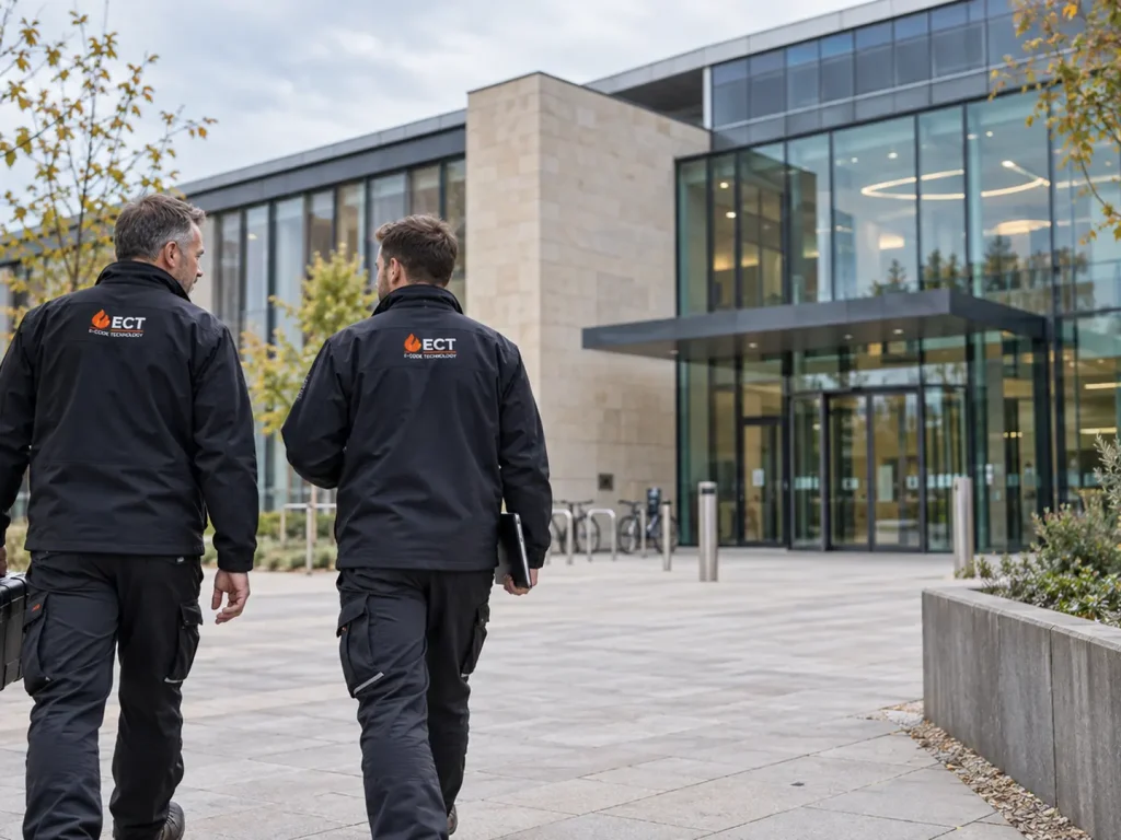 ECT fire and security engineers approaching a modern commercial campus in Oxford