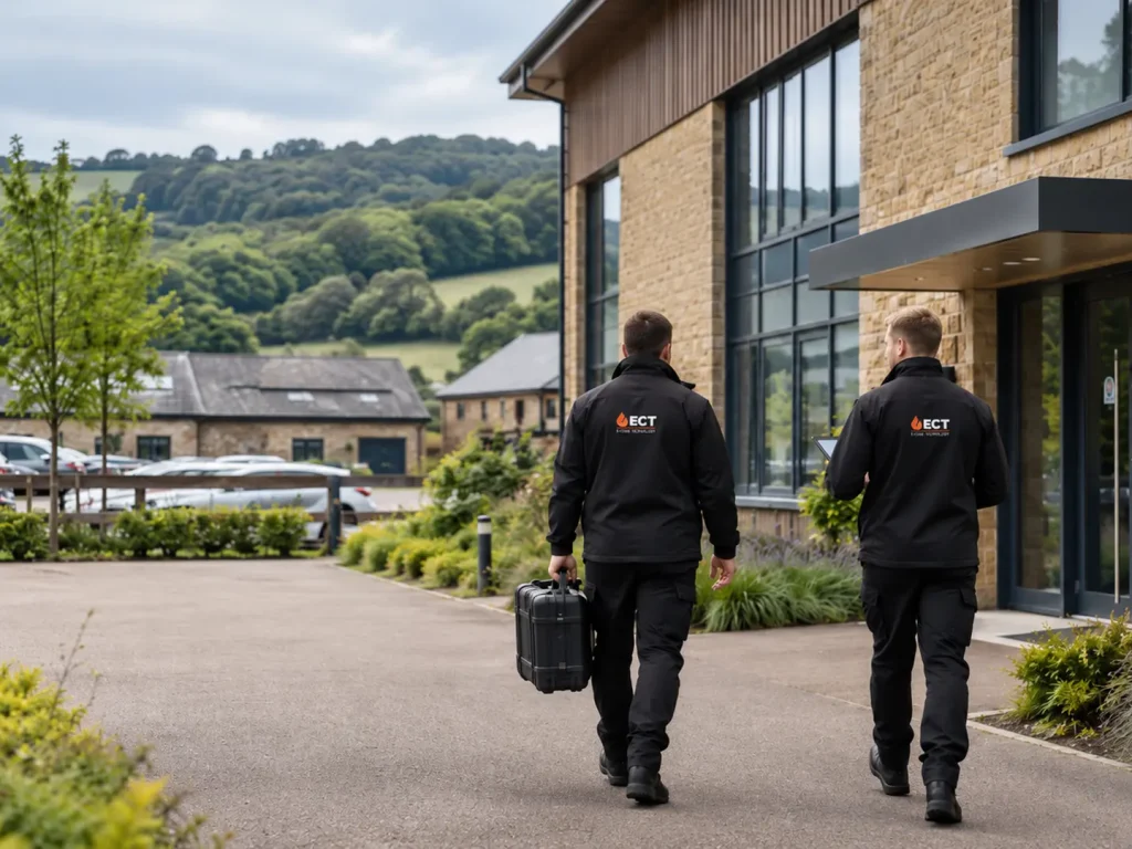 ECT fire and security engineers approaching commercial premises in Stroud with the surrounding hills beyond