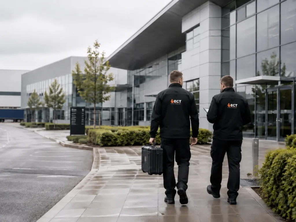 ECT fire and security engineers arriving at a modern commercial and technology park in Swindon
